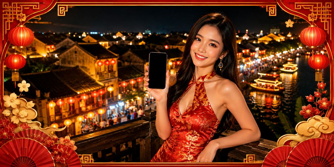 Người dùng tại Hội An sử dụng casino trên điện thoại dưới ánh đèn lồng về đêm